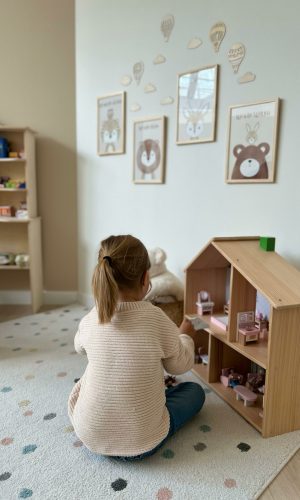 Kind spielt im Therapieraum mit Puppenhaus